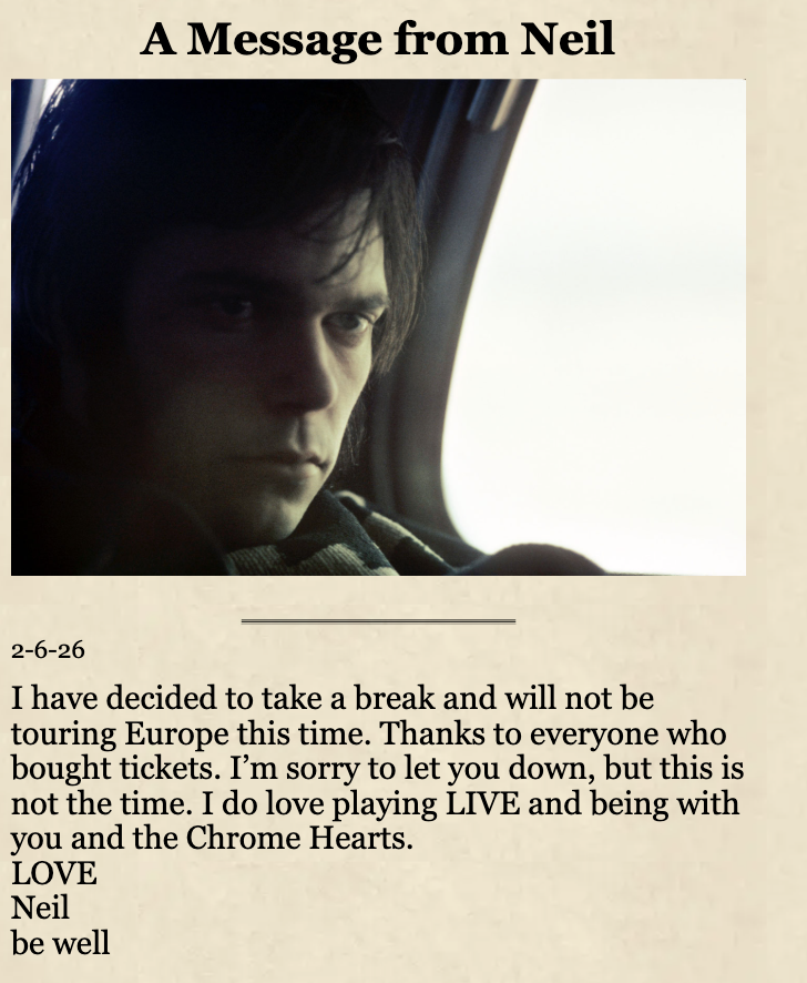 Neil Young Archives - messaggio tour europeo estivo 2026 annullato